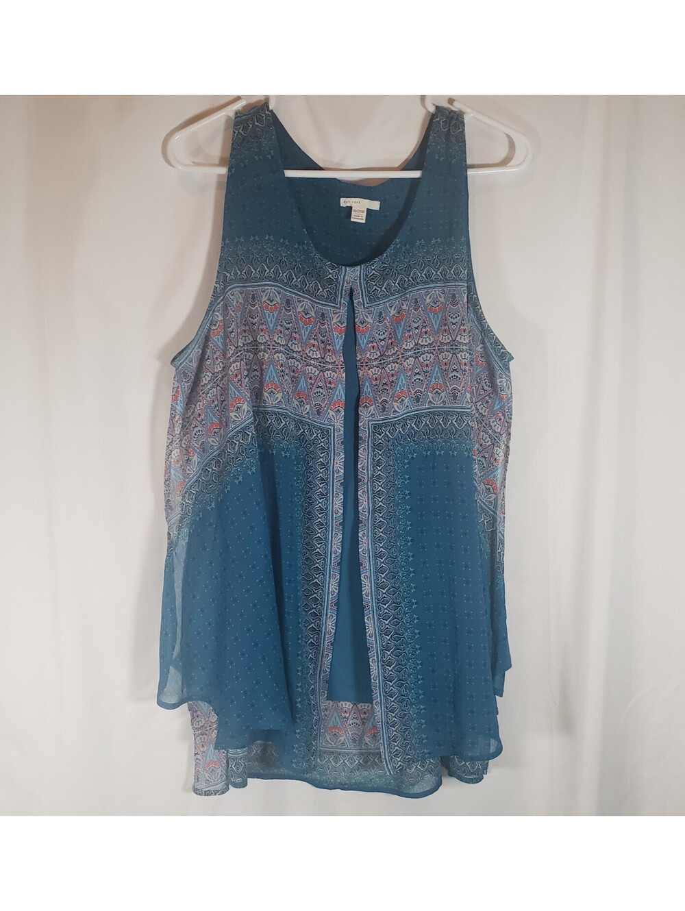 Cato Womens 18/20W Teal Boho Paisley Layered Sleeveless Tunic Top Sheer